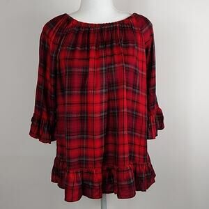For The Republic Women's Red Plaid Relaxed Ruffled Top